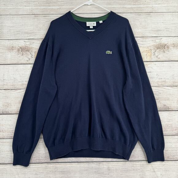 Lacoste Sweater Mens 2XL Navy Blue Classic Fit V Neck Pullover Cotton XXL Logo - Picture 1 of 10